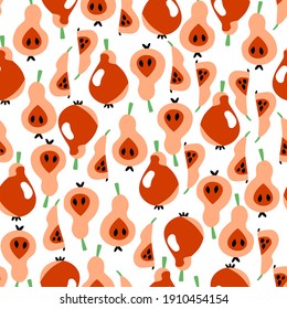 Pear fruits whole and sliced seamless pattern vector. Fresh pears on white pattern for wrapping, packaging, home textile, clothes, wallpaper and more. Complex fruits seamless texture. One of a series