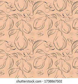 Patrón dibujado a mano abstracto sin inconvenientes. Dibujo de lápiz estilo ilustración de peras, flores florecientes, hojas. Fondo de la artesanía. Vector 10