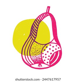 Pear with geometric shape. Colorful cute screen printing effect. Riso print. Vector illustration. Graphic element for print