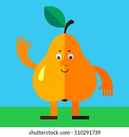 Pear gesturing okay. Flat style vector illustration. Funny cartoon character for agriculture or food design