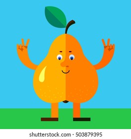Pear gesturing victory. Flat style vector illustration. Funny cartoon character for agriculture or food design