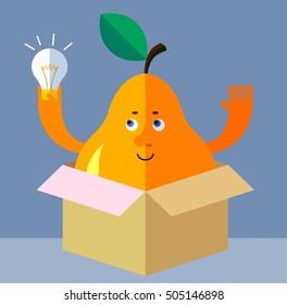 Pear get the idea holding bulb thinking outside the box. Flat style vector illustration. Funny cartoon character for agriculture or food design
