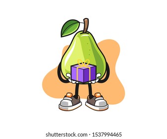 Pear give a gift cartoon. Mascot Character vector.