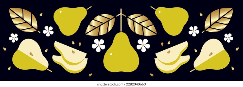 Pear, gold leaves and small flowers on black background. Border or frieze. Fresh fruit. 