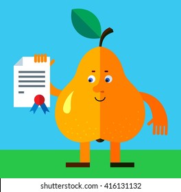 Pear  with graduation diploma. Flat style vector illustration. Funny cartoon character for agriculture or food design