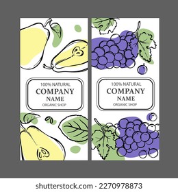 PEAR GRAPE LABELS Vertical Stickers Design For Shop Of Tropical Organic Natural Fresh Juicy Fruits And Dessert Drinks In Sketch Style Vector Illustration Set