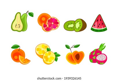 Pear grapefruit peach watermelon orange kiwi lemon dragon fruit mango strawberry on white background. Vector illustration. Collection of fruit and berry icons. Citrus design for fabric and decor