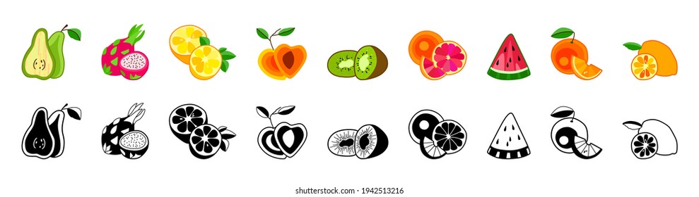 Pear grapefruit peach watermelon orange kiwi lemon dragon fruit mango strawberry on white background. Vector illustration. Collection of fruit and citrus icons. Silhouettes of tropical fruits. Line