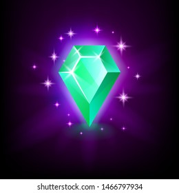 Pear green emerald shining gemstone with magical glow and stars on dark background vector illustration