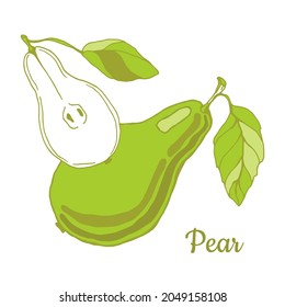 Pear. Green fruit with leaves and slice. Color illustration. Sticker. Doodle style. Isolated on a white background.Hand drawn. For labels, food packaging design