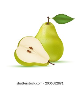 Pear green with pear slices and leaves. Vitamins, Healthy food fruit. On a white background. Realistic 3D Vector illustration. 