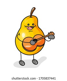 Oso con guitarra. Icono de color de caricatura plana vectorial con emociones. Para menú, afiche, etiqueta. Aislado sobre fondo blanco. Esbozo dibujado a mano estilo cómico