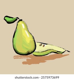 A pear and half painted with oil. Hand draw. Vector with texture. Abstrakt and artistic.