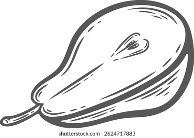 Pear meia fatia corte vetor desenho fruta comida orgânica vegetariano lanche gravura mão desenhada ilustração preto branco isolado vintage linha arte esboço silhueta estilo gráfico cartaz rótulo web