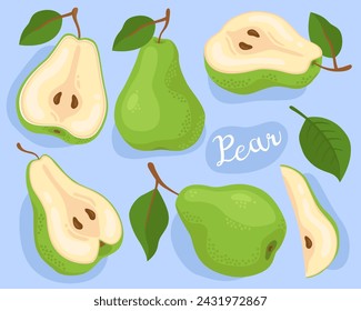 Pear. Half, slice and whole of green pear. Fresh, ripe fruit.