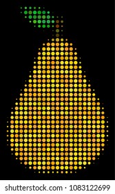 Pear halftone vector icon. Illustration style is dotted iconic pear symbol on a black background. Halftone pattern is made from circle points.