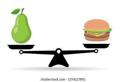 pear or hamburger, scales, diet concept 