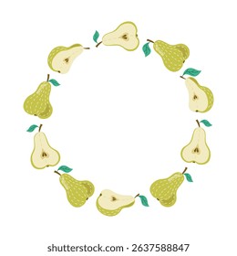 Pear, hand drawn cartoon fruit. Round frame with space for text. Banner, halves and whole fruity with leaves. Vitamin natural vegetarian food, garden crop, harvest. Drawing, flat illustration.