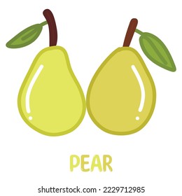 Pear. Hand drawn flat shiny fruits cartoon vector illustration with cute glossy letters isolated on white background.