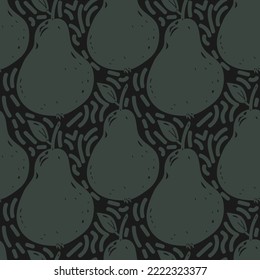 Patrón sin costuras dibujado a mano, pera completa y hojas. Ilustración vectorial del estilo de bosquejo de frutas