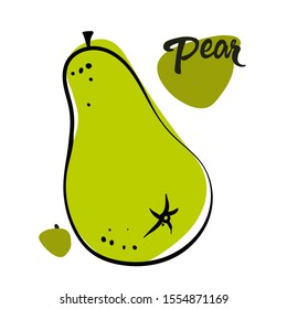 A pear in hand drawn style. Vector design element isolated on the white background. Colorful vector icon.  Fruit decor.   Vegetarian and vegan food in isolated modern design. 