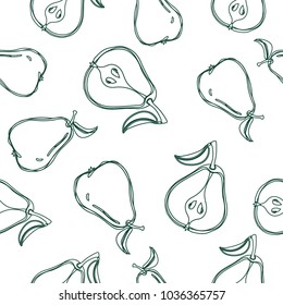 Pear hand drawn vector seamless pattern. Set of sliced pear, pears and leaves. Design elements in sketch style. Perfect for menu, cards, posters, prints, packaging