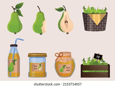 Pear harvest large collection. Green pear on branch, in basket, juice, jam, marmalade, pastila. Slice of pear. Fruits