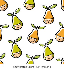 Pear. Healthy Food concept. Emoji Emoticon. Characters for kids coloring book, t-shirt, icon, logo, label, sticker. Vector seamless pattern for textile, print, fabric,backdrop,wallpaper, background.