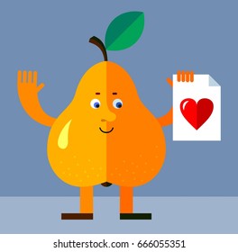Pear with heart icon. Flat style vector illustration. Funny cartoon character for agriculture or food design