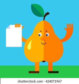 Pear holding blank sheet of paper. Flat style vector illustration. Funny cartoon character for agriculture or food design