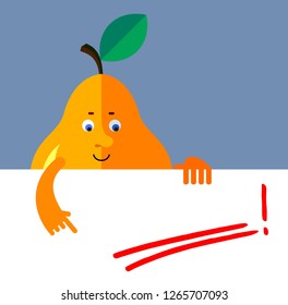 Pear holding a blank sheet and pointing on red underline empty place. Flat style vector illustration. Funny cartoon character for agriculture or food design