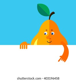 Pear holding a blank sheet pointing. Flat style vector illustration. Funny cartoon character for agriculture or food design