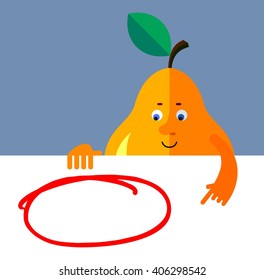 Pear holding a blank sheet and pointing on red empty frame. Flat style vector illustration. Funny cartoon character for agriculture or food design