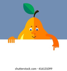 Pear holding a blank sheet pointing. Flat style vector illustration. Funny cartoon character for agriculture or food design