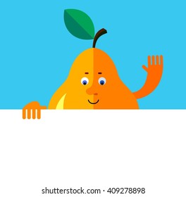 Pear holding a blank sheet and waving hand greeting. Flat style vector illustration. Funny cartoon character for agriculture or food design