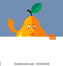 Pear holding a blank sheet and waving hand greeting. Flat style vector illustration. Funny cartoon character for agriculture or food design