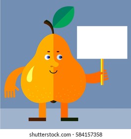 Pear holding a blank sign. Flat style vector illustration. Funny cartoon character for agriculture or food design