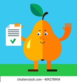 Pear  holding check list. Flat style vector illustration. Funny cartoon character for agriculture or food design