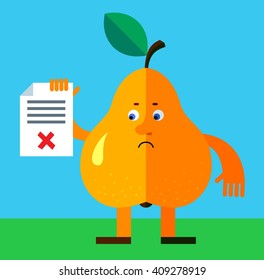 Pear holding checklist with X sign. Flat style vector illustration. Funny cartoon character for agriculture or food design