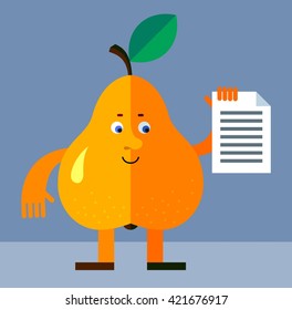 Pear holding document. Flat style vector illustration. Funny cartoon character for agriculture or food design
