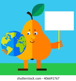 Pear holding a globe and blank sign. Flat style vector illustration. Funny cartoon character for agriculture or food design