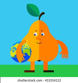 Pear holding a globe. Flat style vector illustration. Funny cartoon character for agriculture or food design