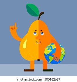 Pear holding a globe and making attention gesture with forefinger . Flat style vector illustration. Funny cartoon character for agriculture or food design