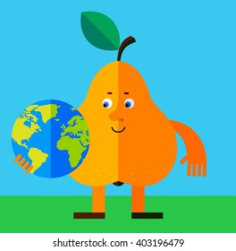 Pear holding a globe and waving hand. Flat style vector illustration. Funny cartoon character for agriculture or food design