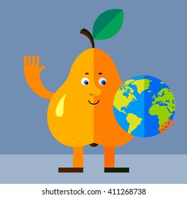 Pear holding a globe and waving hand. Flat style vector illustration. Funny cartoon character for agriculture or food design