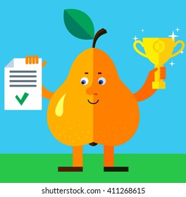 Pear  holding winning trophy and check list. Flat style vector illustration. Funny cartoon character for agriculture or food design