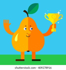 Pear holding winning trophy. Flat style vector illustration. Funny cartoon character for agriculture or food design