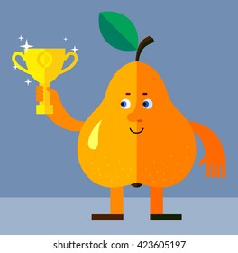 Pear holding winning trophy. Flat style vector illustration. Funny cartoon character for agriculture or food design