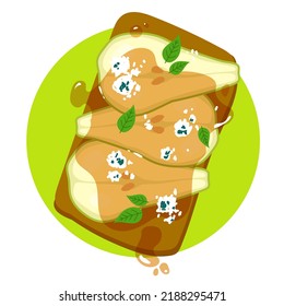 Pear, Honey And Blue Cheese Toast With Toasted Bread. Healthy Food. Vector Illustration