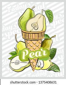 Pear ice cream scoop in cones. Vector sketch illustration. Fruit ice cream idea, concept